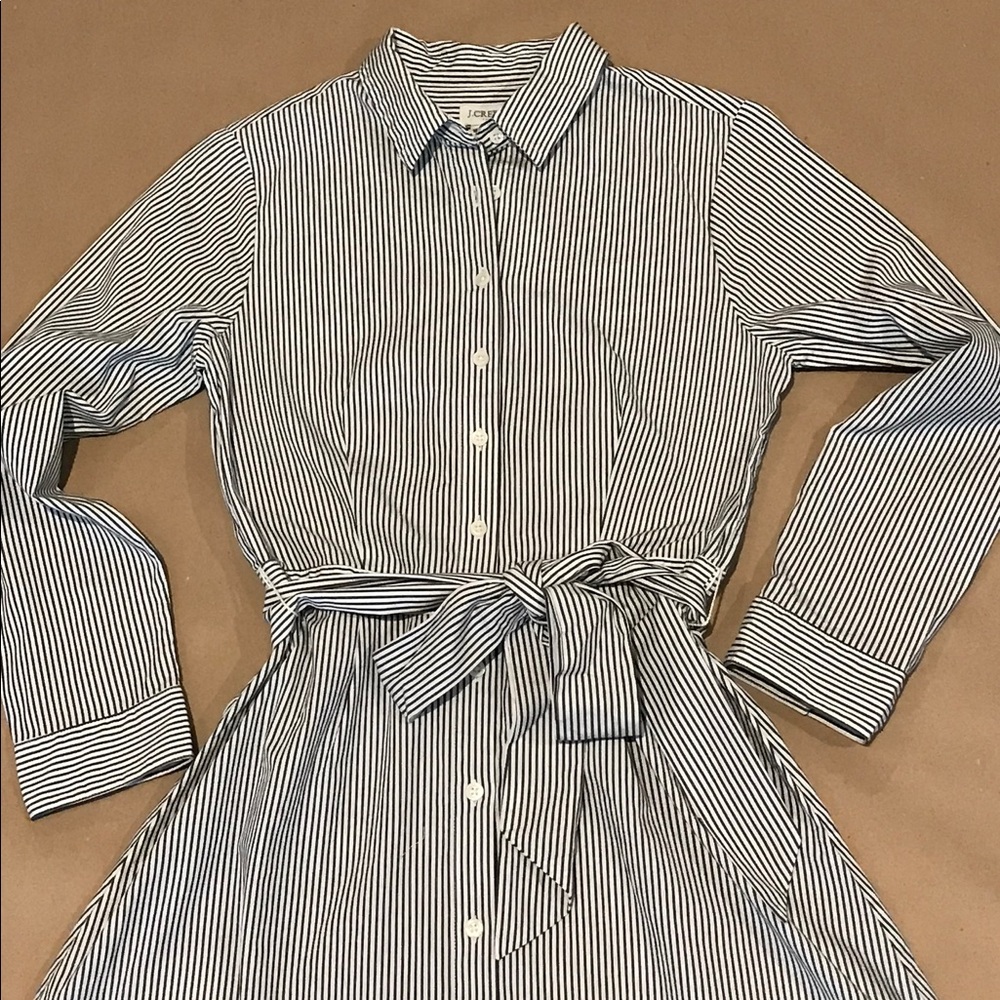J. Crew Navy Stripe Poplin Tie-Waist Shirtdress